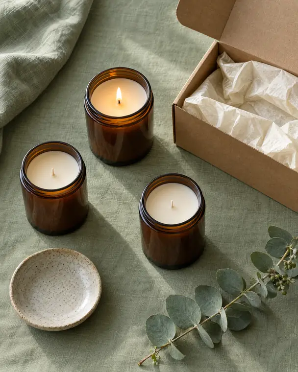 Candles in amber glass jars beside an open shipping box.
