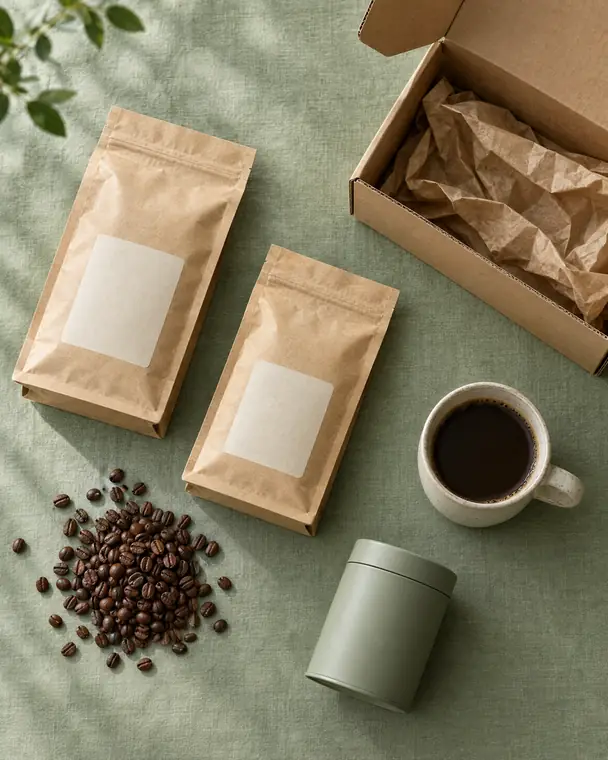 Coffee bags, beans and a tea tin beside an open shipping box.