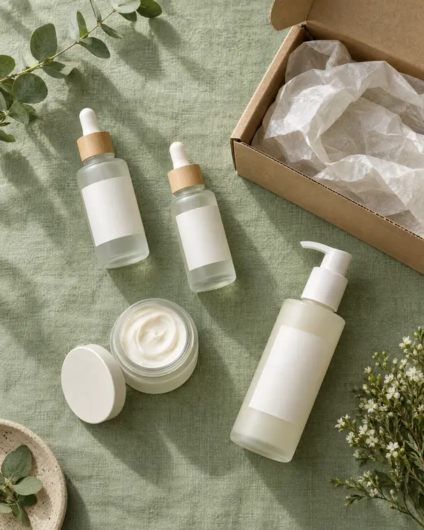 Dropper bottles and a jar of cream beside an open shipping box.