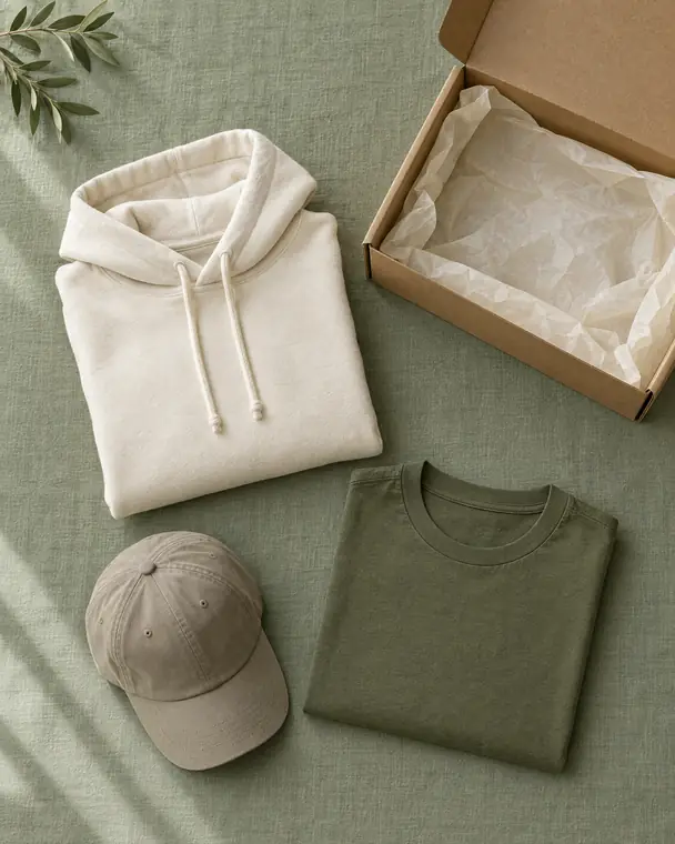A folded hoodie, t-shirt and cap beside an open shipping box.