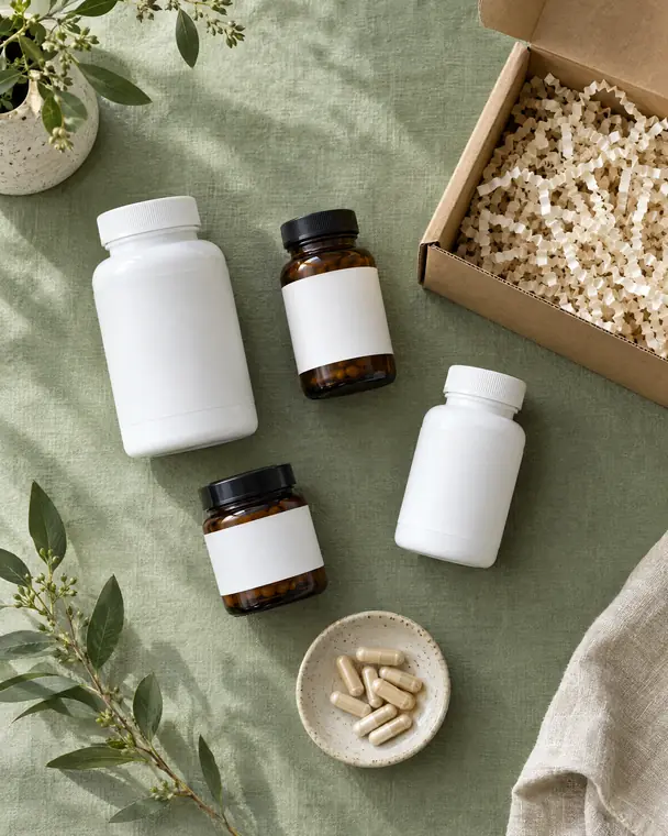 Plain supplement bottles and jars beside an open shipping box.